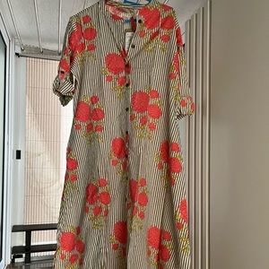 Pinstripe and Floral Motif Cotton Linen Kurta